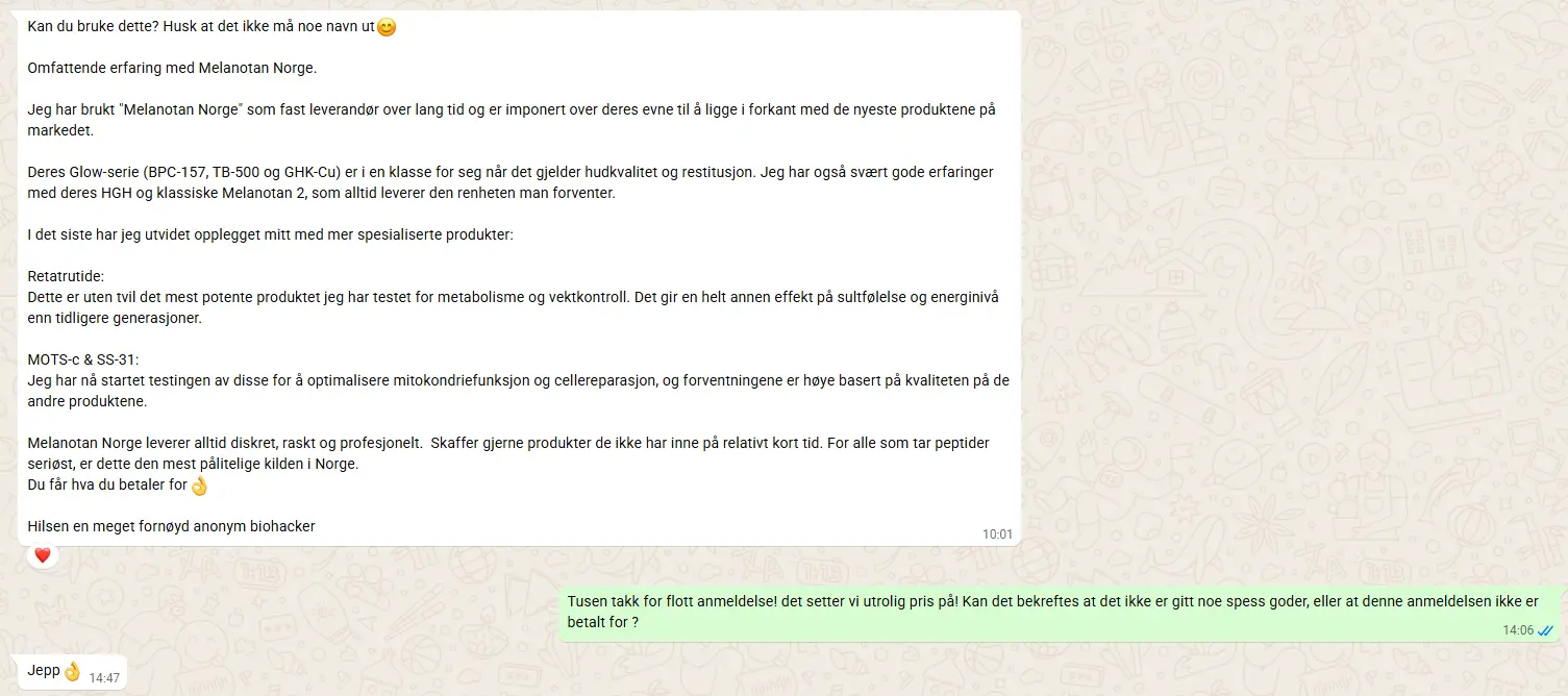 Peptider i Norge – komplett guide (2026) - Peptider i Norge Kundeerfaring om Peptider i Norge (anonym tilbakemelding)